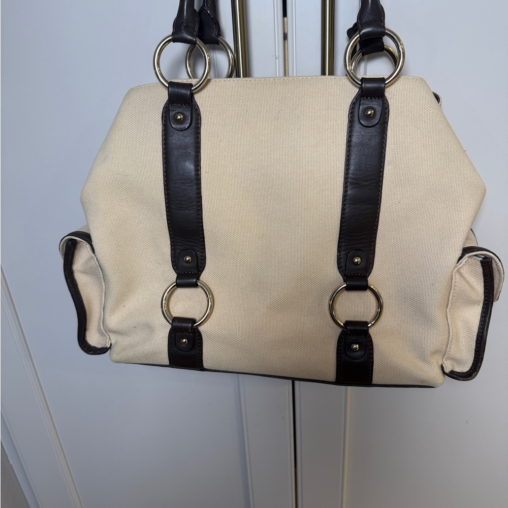 Antonio Melani -Cream Canvas & Brown Leather Tote Bag - Picture 5 of 11